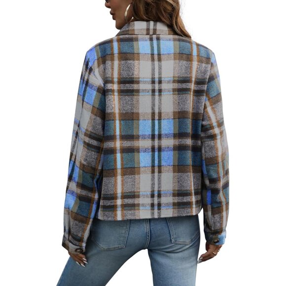 Women’s Flannel Cropped Shacket Plaid Long Sleeve Button Down Fall Coat - Picture 2 of 6